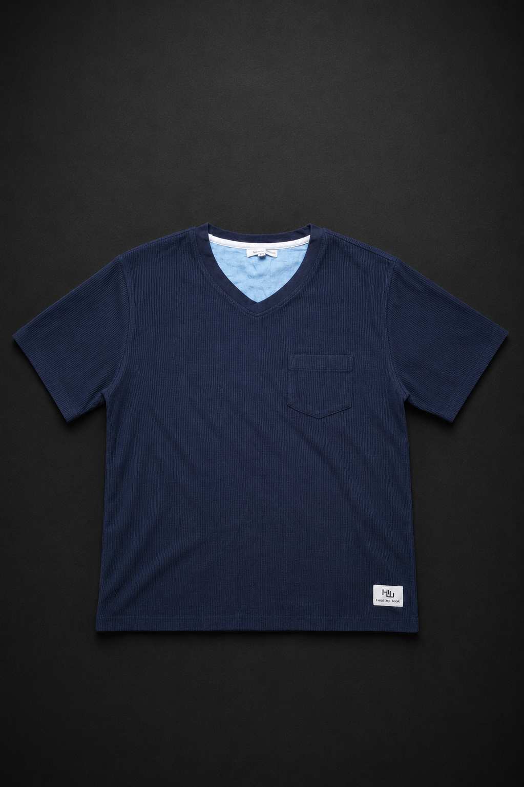 Navy Blue Ribbed V-Neck Pocket T-Shirt