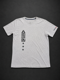 Light Grey Vertical Graphic Tee from Quality Thrift, one-of-one pre-loved apparel listing