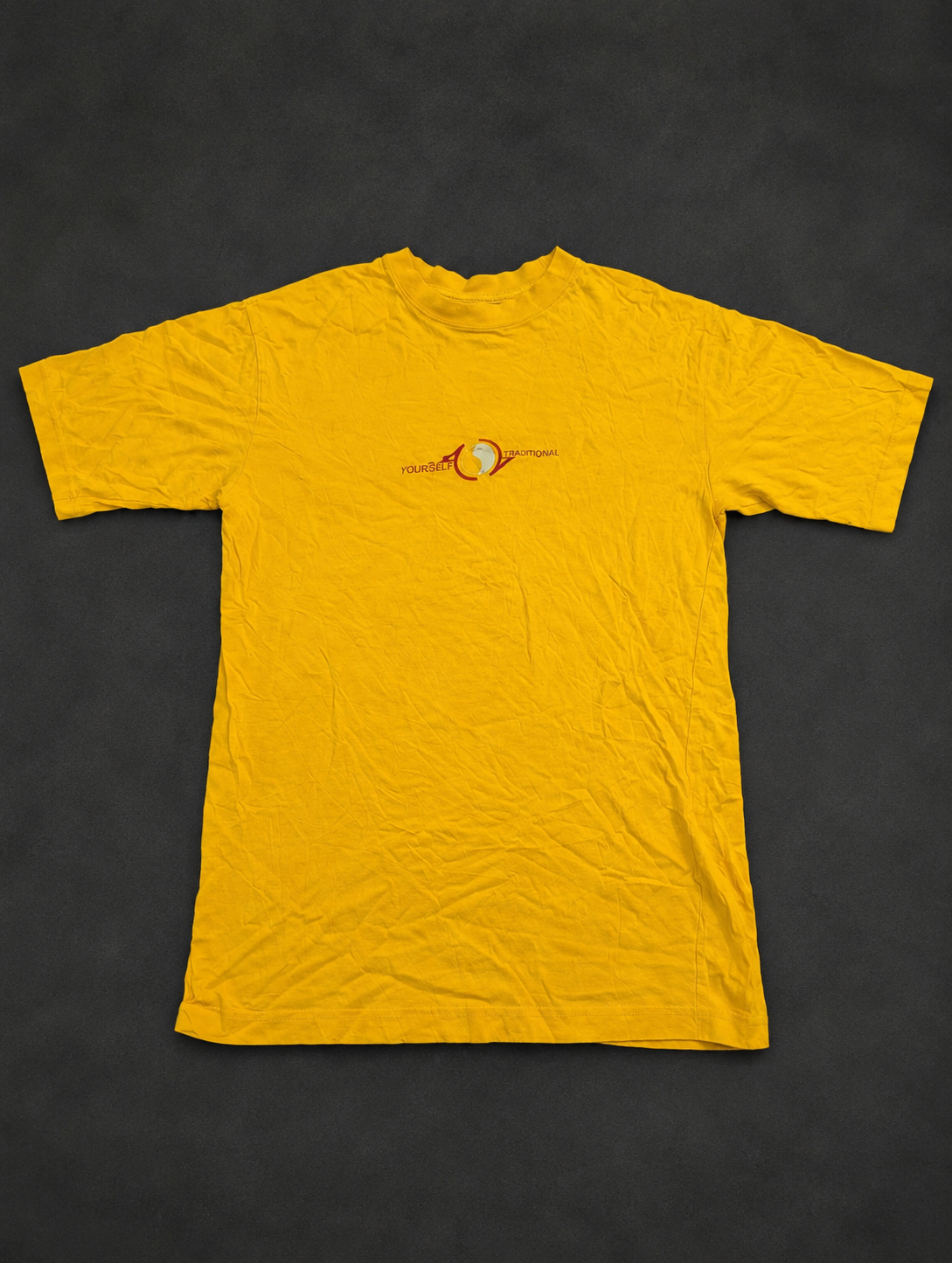 Mustard Yellow Minimal Emblem Tee from Quality Thrift, one-of-one pre-loved apparel listing