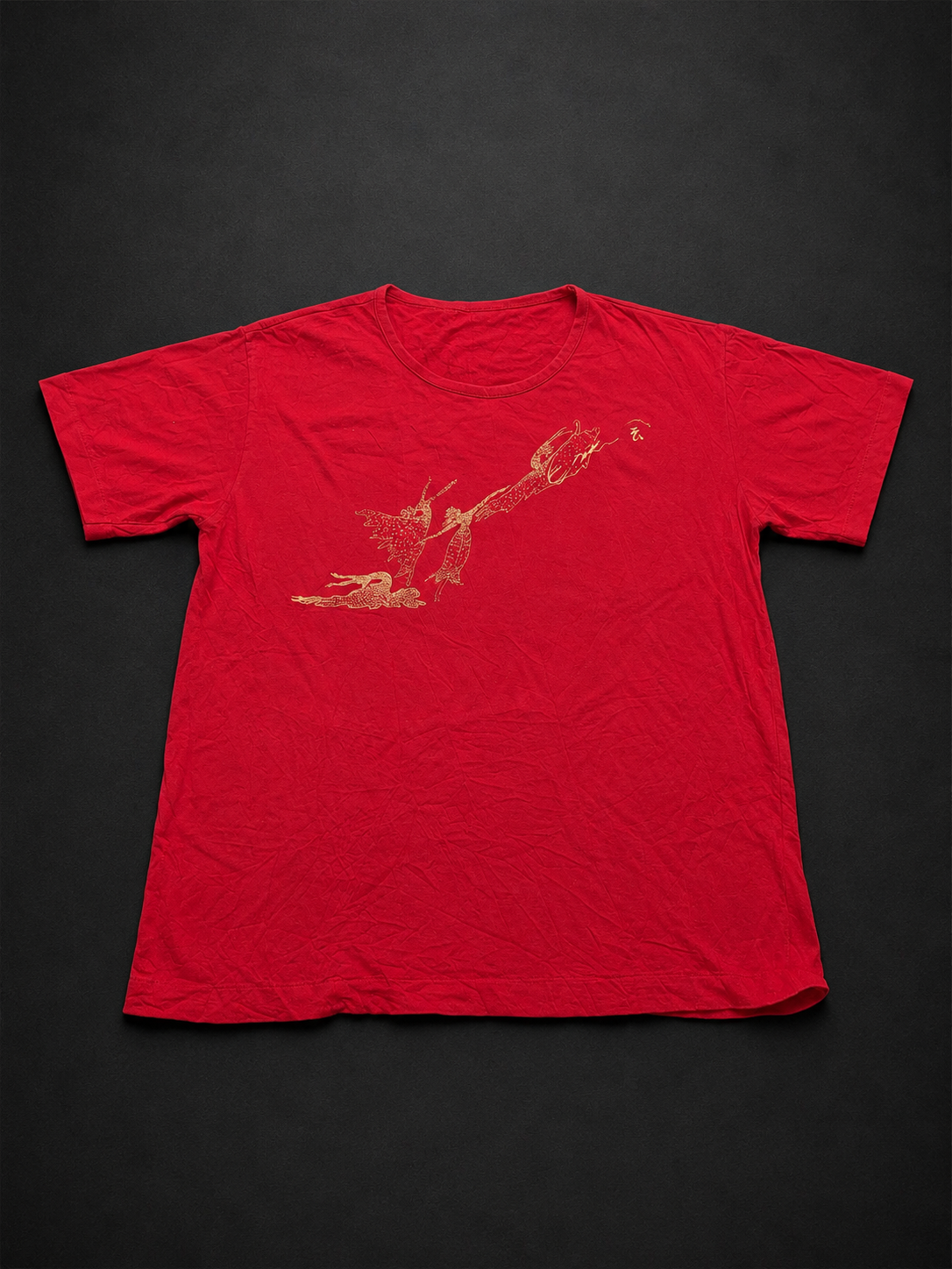 Red Gold Bird Graphic Tee from Quality Thrift, one-of-one pre-loved apparel listing