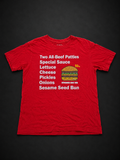 Red Burger Ingredients Graphic Tee from Quality Thrift, one-of-one pre-loved apparel listing