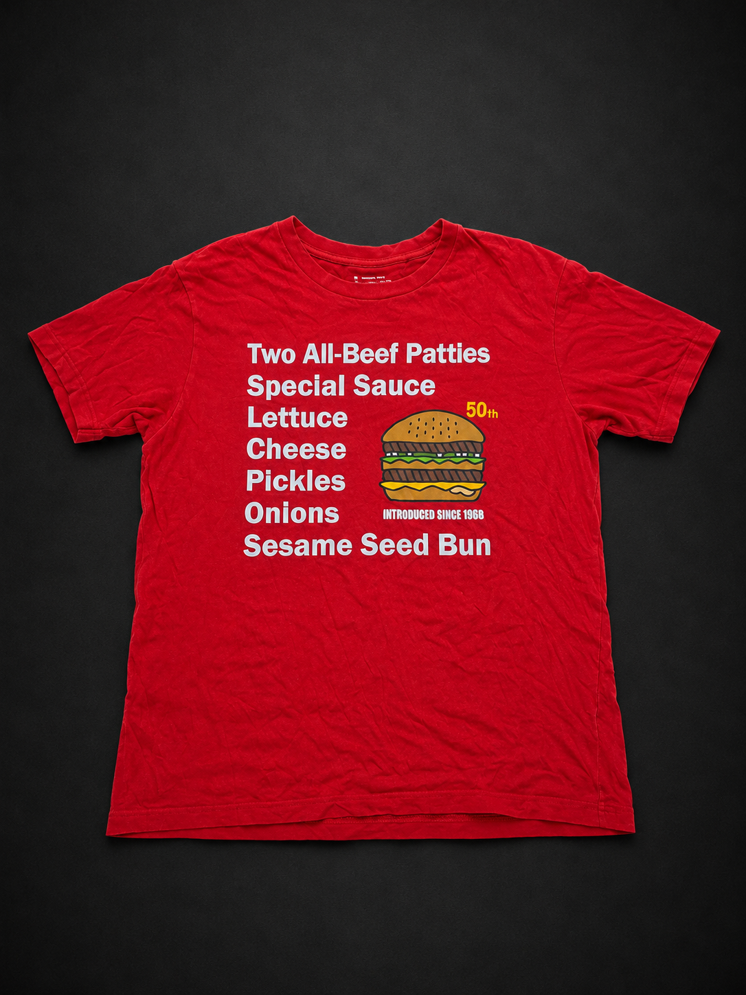 Red Burger Ingredients Graphic Tee from Quality Thrift, one-of-one pre-loved apparel listing