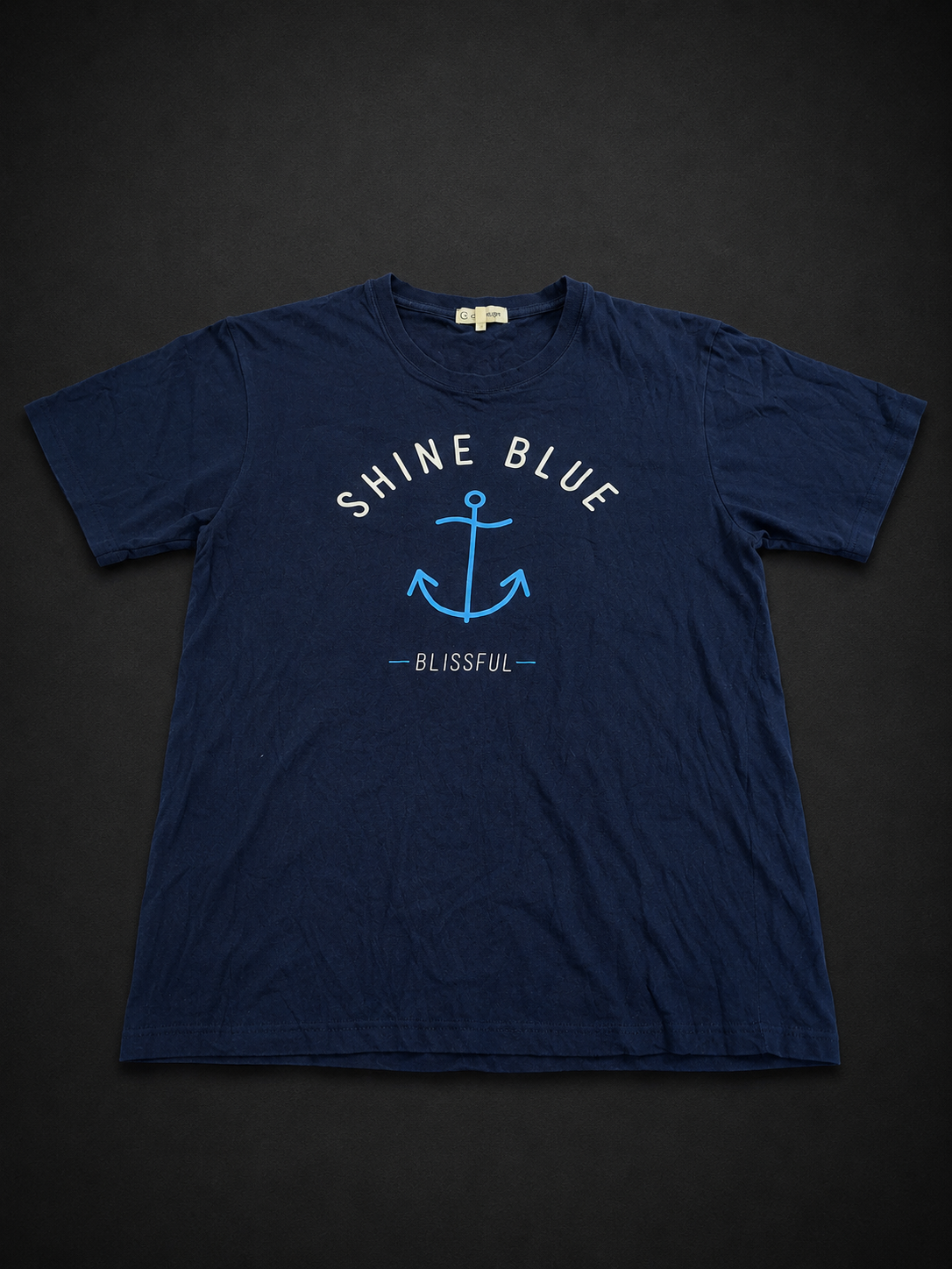 Navy Shine Blue Anchor Graphic Tee from Quality Thrift, one-of-one pre-loved apparel listing