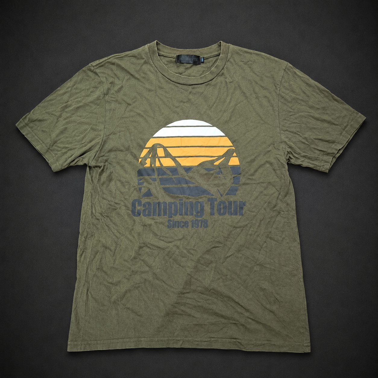 Olive Camping Tour Graphic Tee, one-of-one pre-loved apparel from Quality Thrift